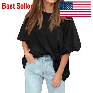 Oversized Puff Sleeve Tunic Top Loose Fit Summer Casual Crew Neck Tee